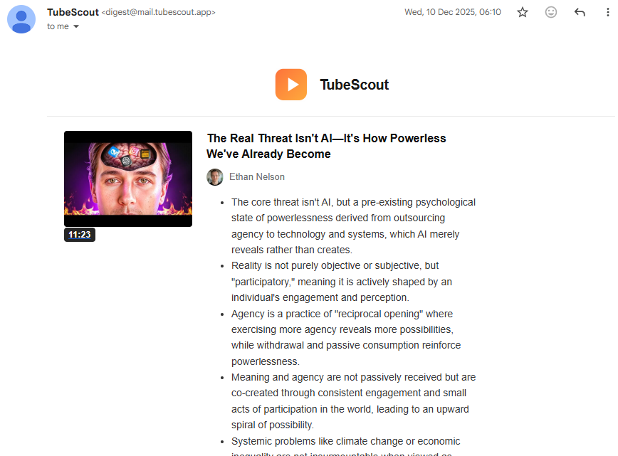 TubeScout daily email digest showing video summaries with thumbnails and key insights