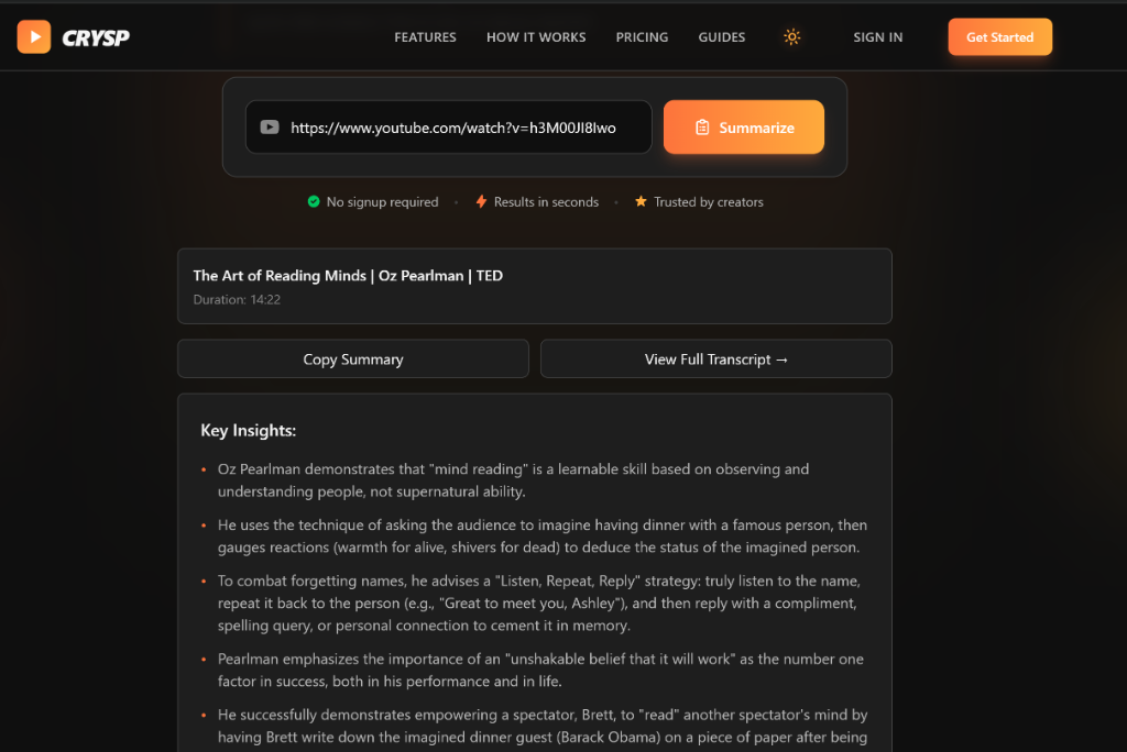 TubeScout YouTube Summarizer showing a video summary with key insights